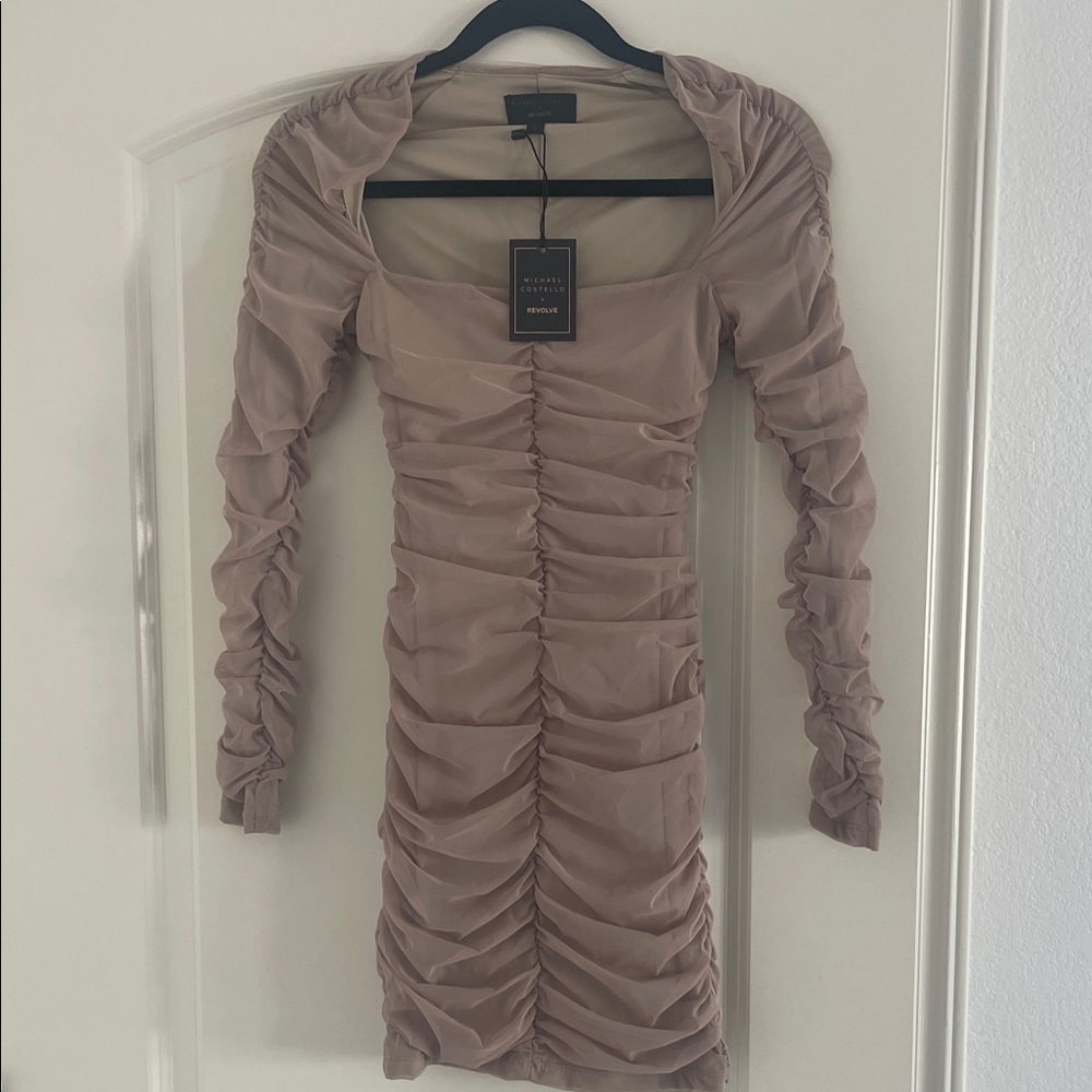 Michael Costello Long Sleeve Ruched Dress in Tan
